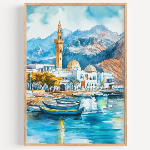 Muscat Watercolor Painting Wall Art Print Oman Travel Poster Decor Illustration Home