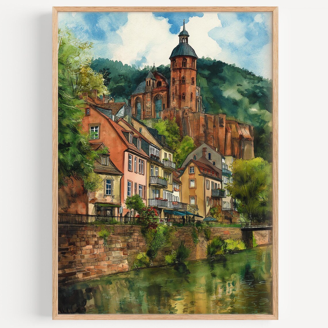 European Old Town Watercolor Riverside Church Village Travel Poster