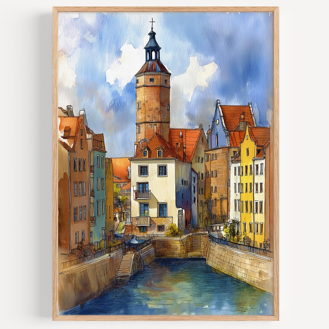 Wroclaw Poland Old Town Watercolor Canal and Tower Travel Poster