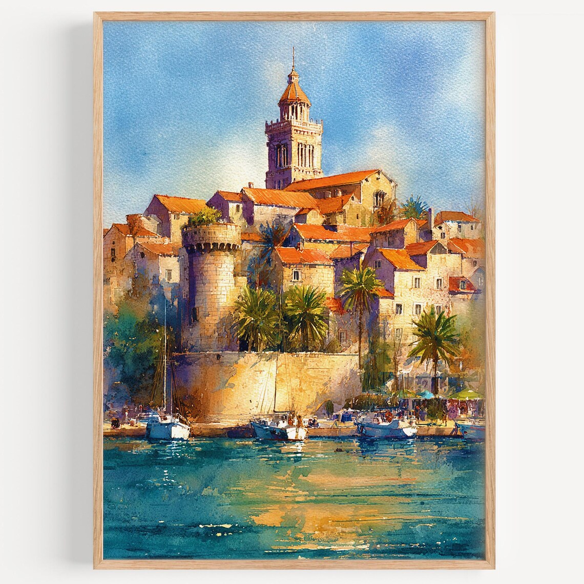 Korcula Old Town Harbor Watercolor Croatia Travel Art Poster