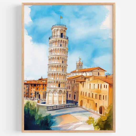 Pisa Watercolor Painting Wall Art Print Travel Poster Italy Decor Illustration Home