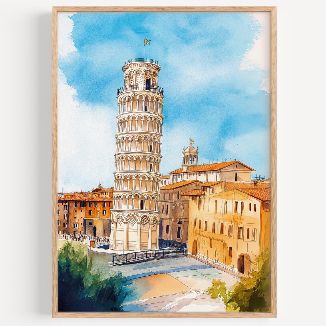 Pisa Italy Leaning Tower Sunny Plaza Watercolor Travel Poster