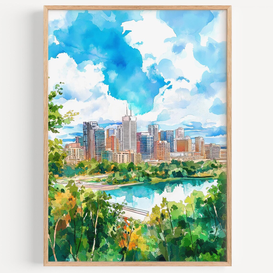 Edmonton Canada Skyline River Valley Watercolor Travel Poster