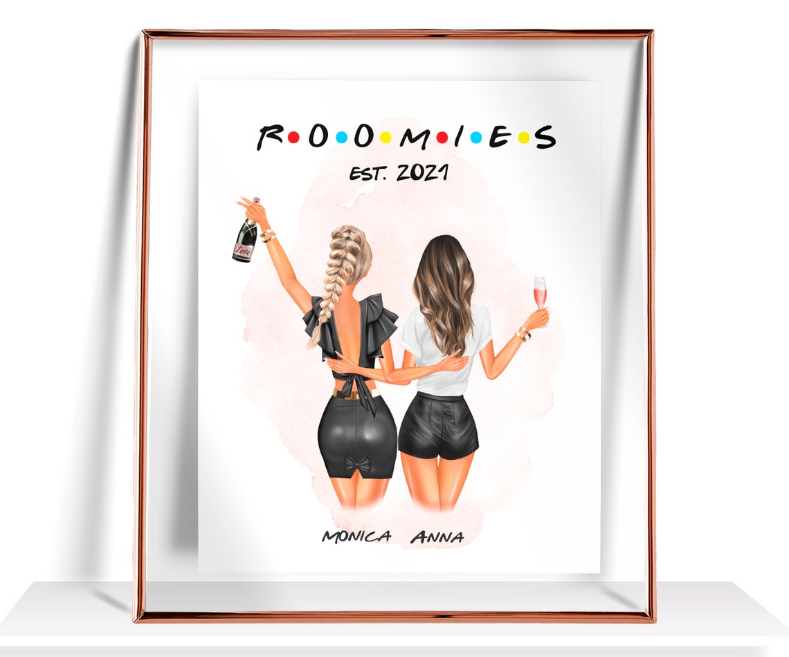 Roomies Est 2021 Two Roommates Champagne Toast Sitcom Logo Style Print
