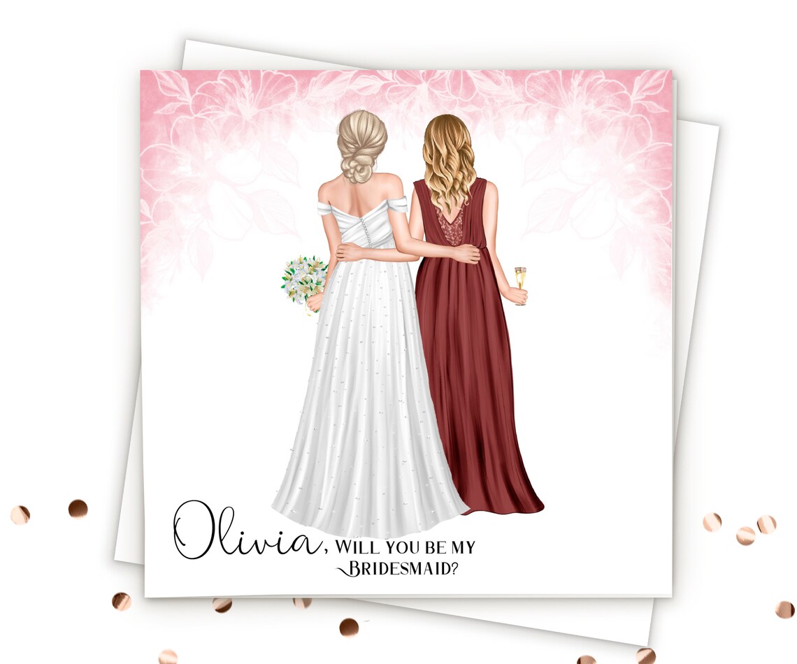 Olivia Will You Be My Bridesmaid Burgundy Gown Proposal Card Print