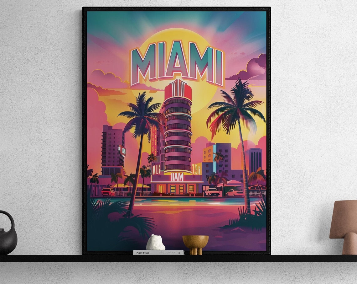 Miami Art Deco Tower Palms Sunset Vintage Florida Poster Art