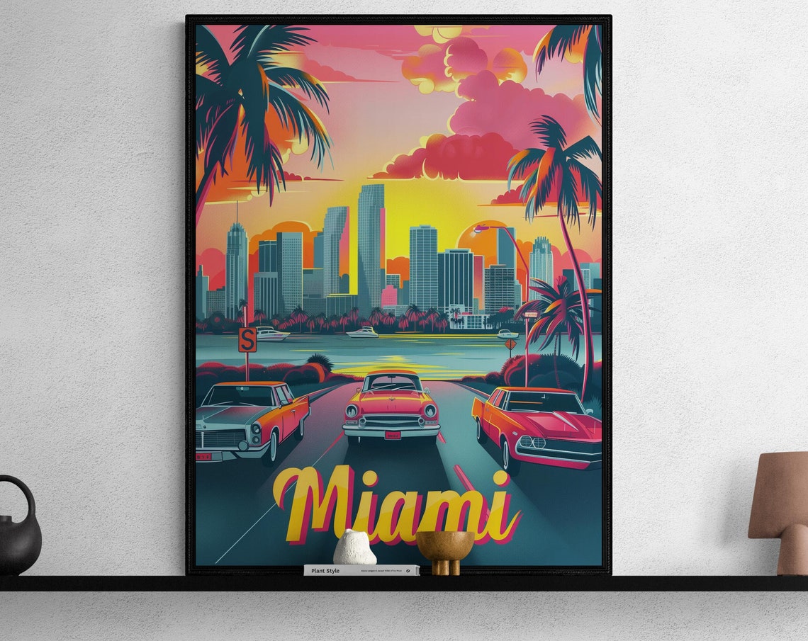 Miami Classic Cars Skyline Sunset Retro Florida Travel Poster