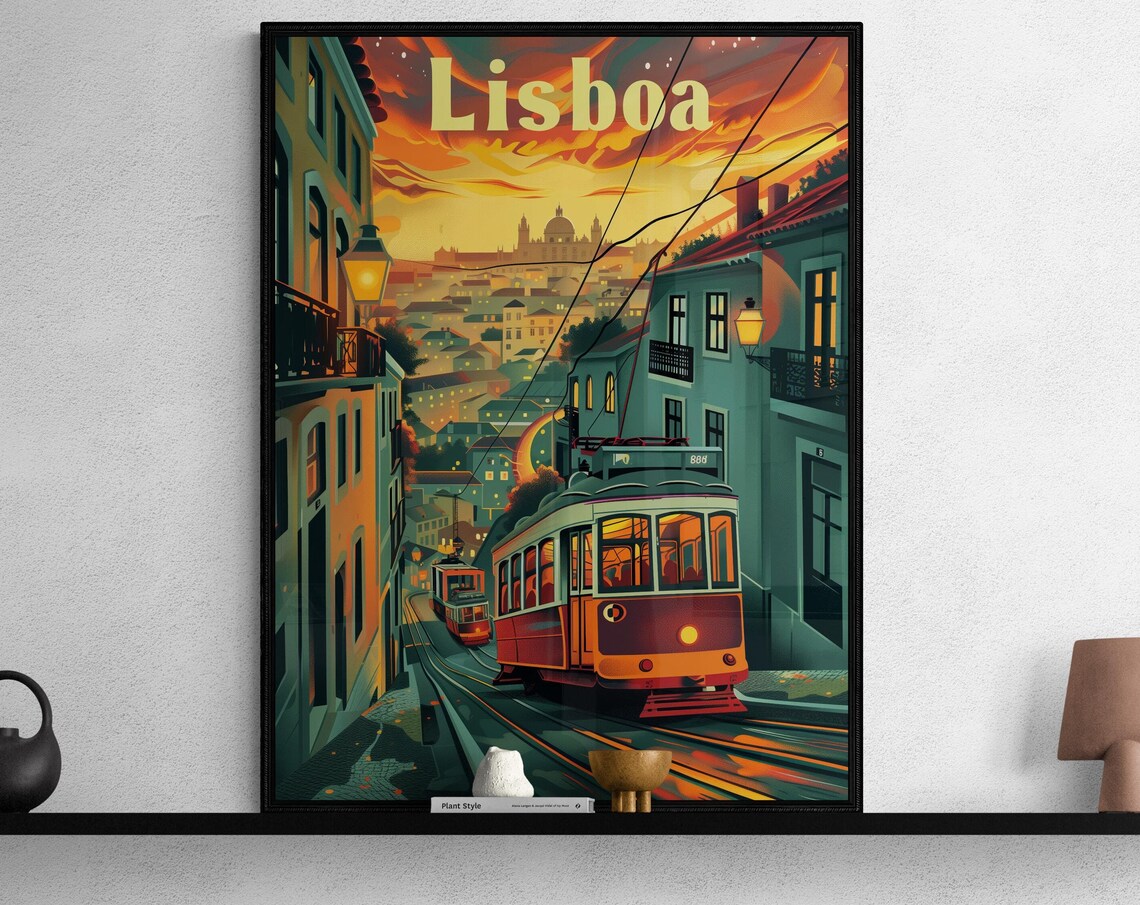 Lisboa Portugal Tram 28 Alfama Sunset Street Vintage Travel Poster