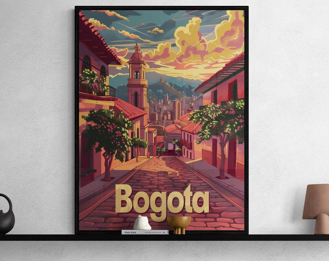 Bogota Colonial Street Church Sunset Monserrate Colombia Travel Poster