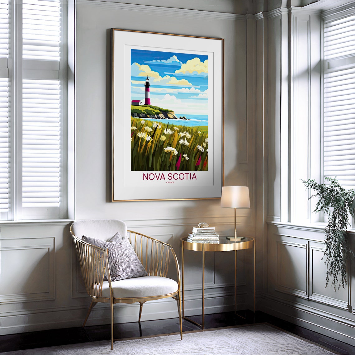 Nova Scotia Canada Red Lighthouse Rocky Coast Wildflowers Poster - Image 2