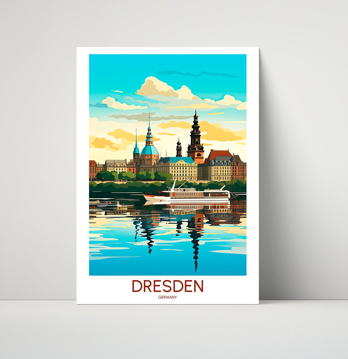 Dresden Germany Sunny Elbe River Skyline Vintage Travel Poster
