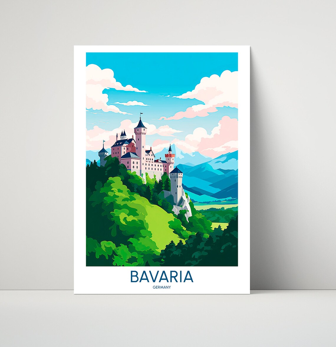 Bavaria Germany Hilltop Castle Alpine Mountains Travel Poster
