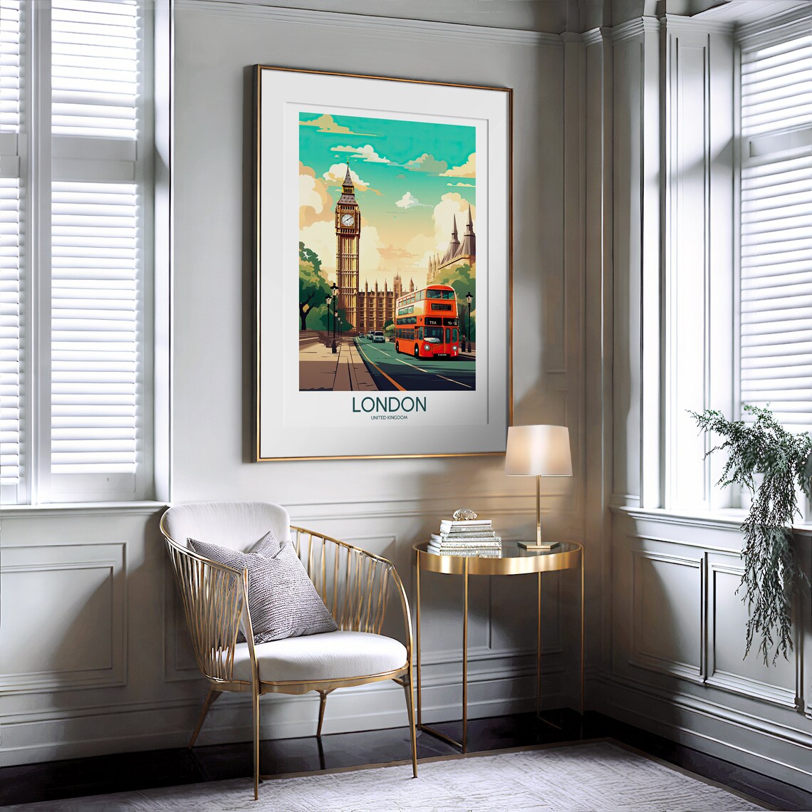 London England Big Ben Clock Tower Red Bus Vintage Travel Poster - Image 2