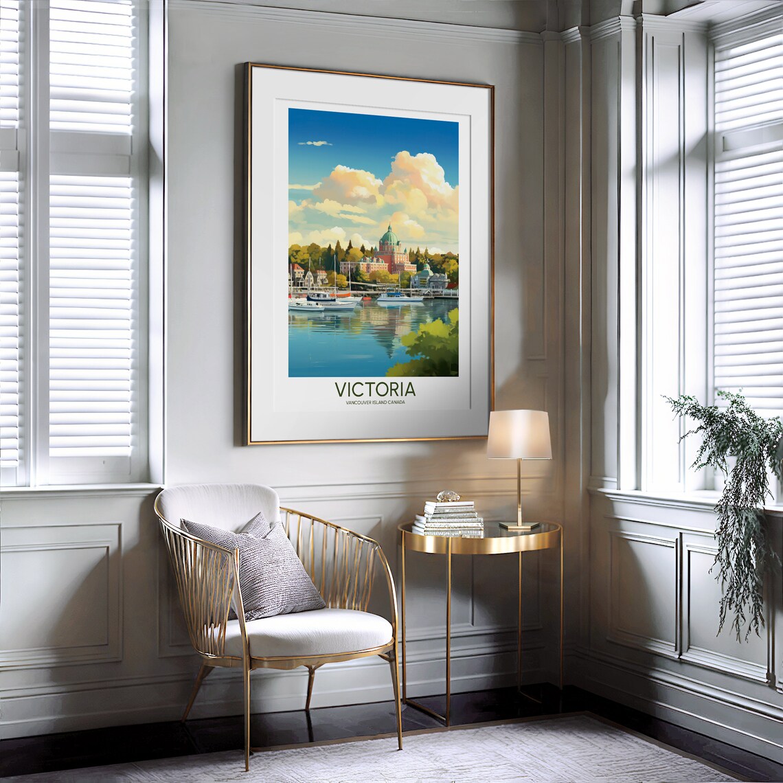 Victoria Vancouver Island Canada Harbor Boats Golden Travel Poster - Image 2