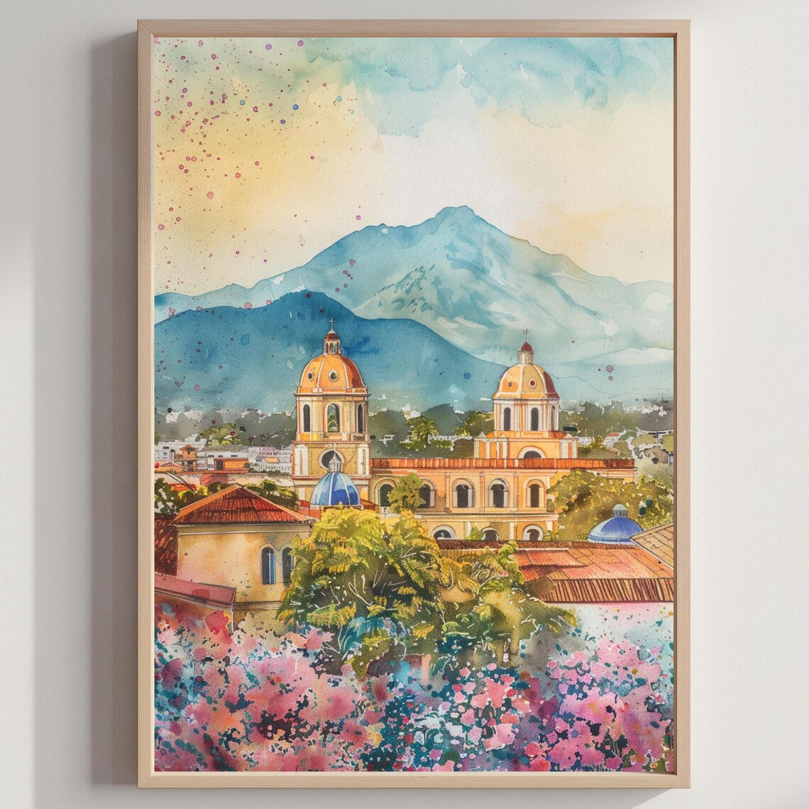 Managua Nicaragua Cathedral And Volcano Watercolor Travel Poster
