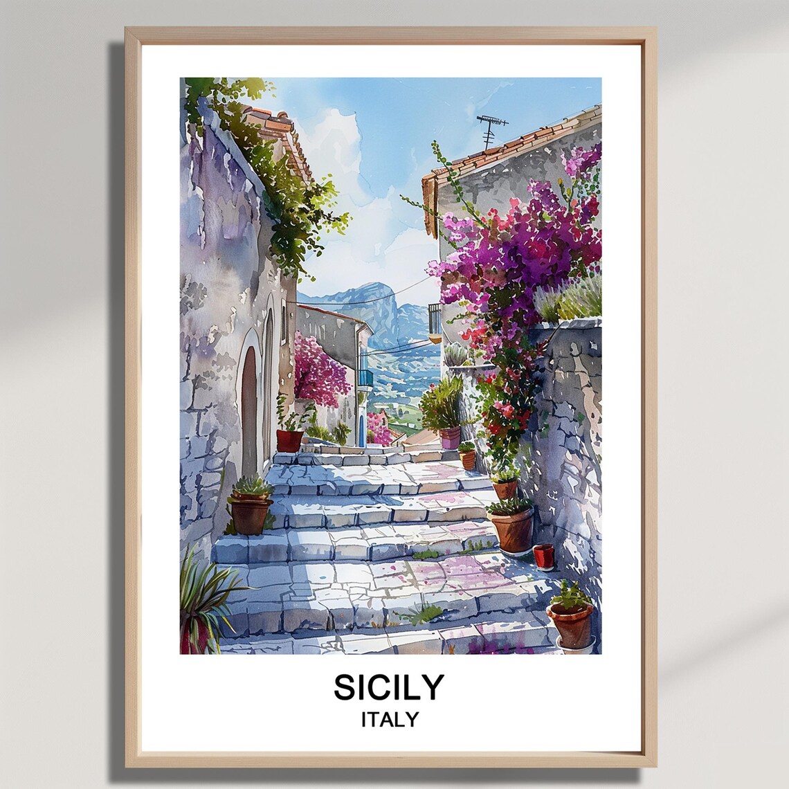 Sicily Italy Watercolor Stone Steps Bougainvillea Village Poster