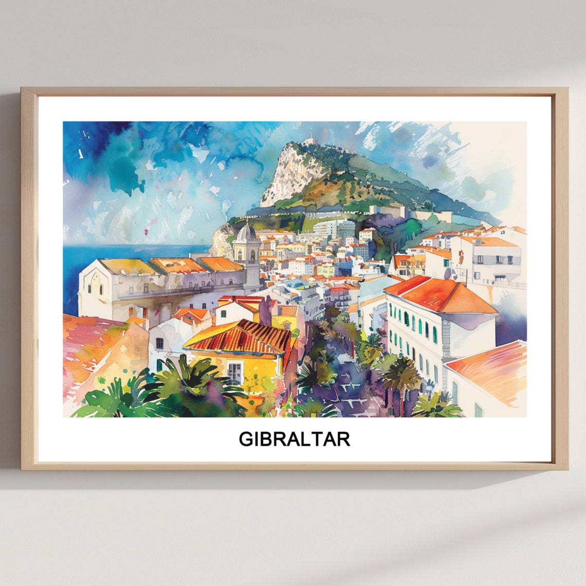 Gibraltar Watercolor Poster of the Rock and Old Town Rooftops
