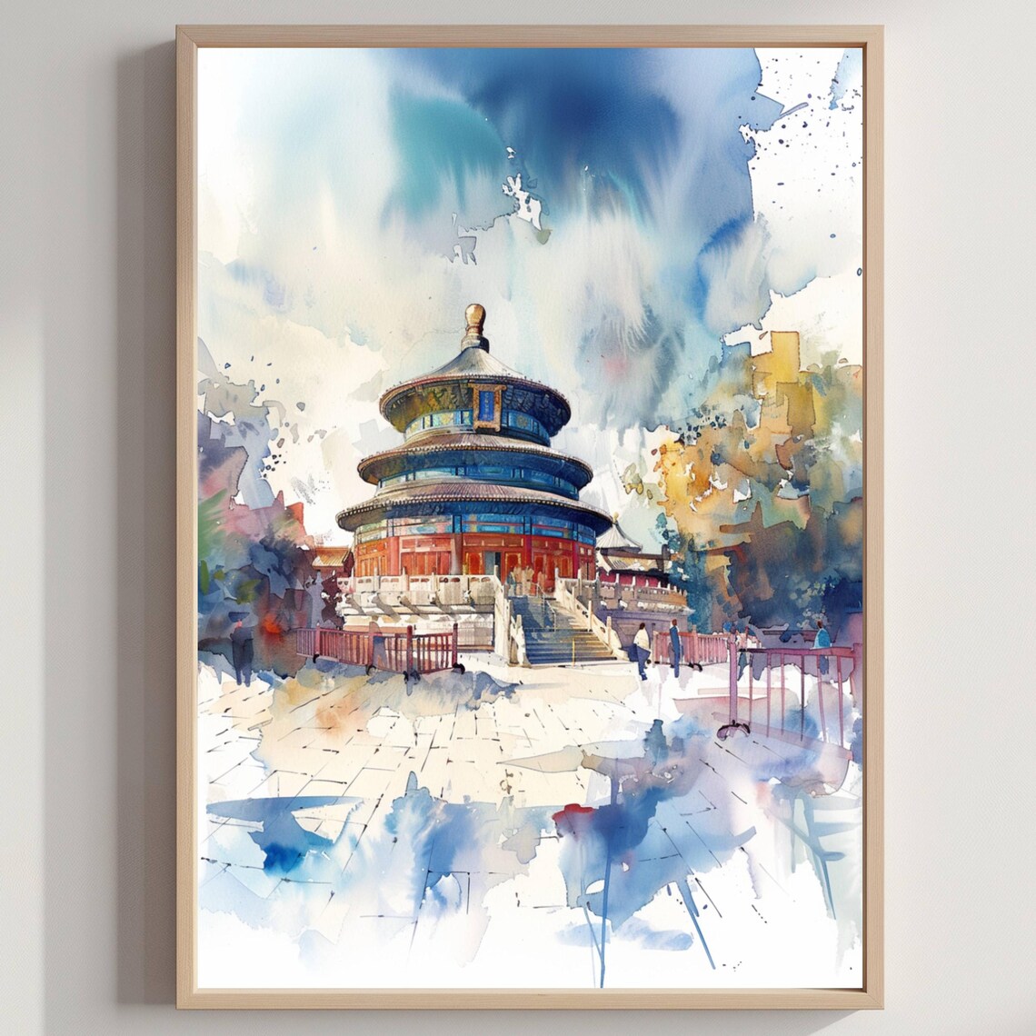 Temple Of Heaven Beijing Watercolor Travel Poster With Pagoda