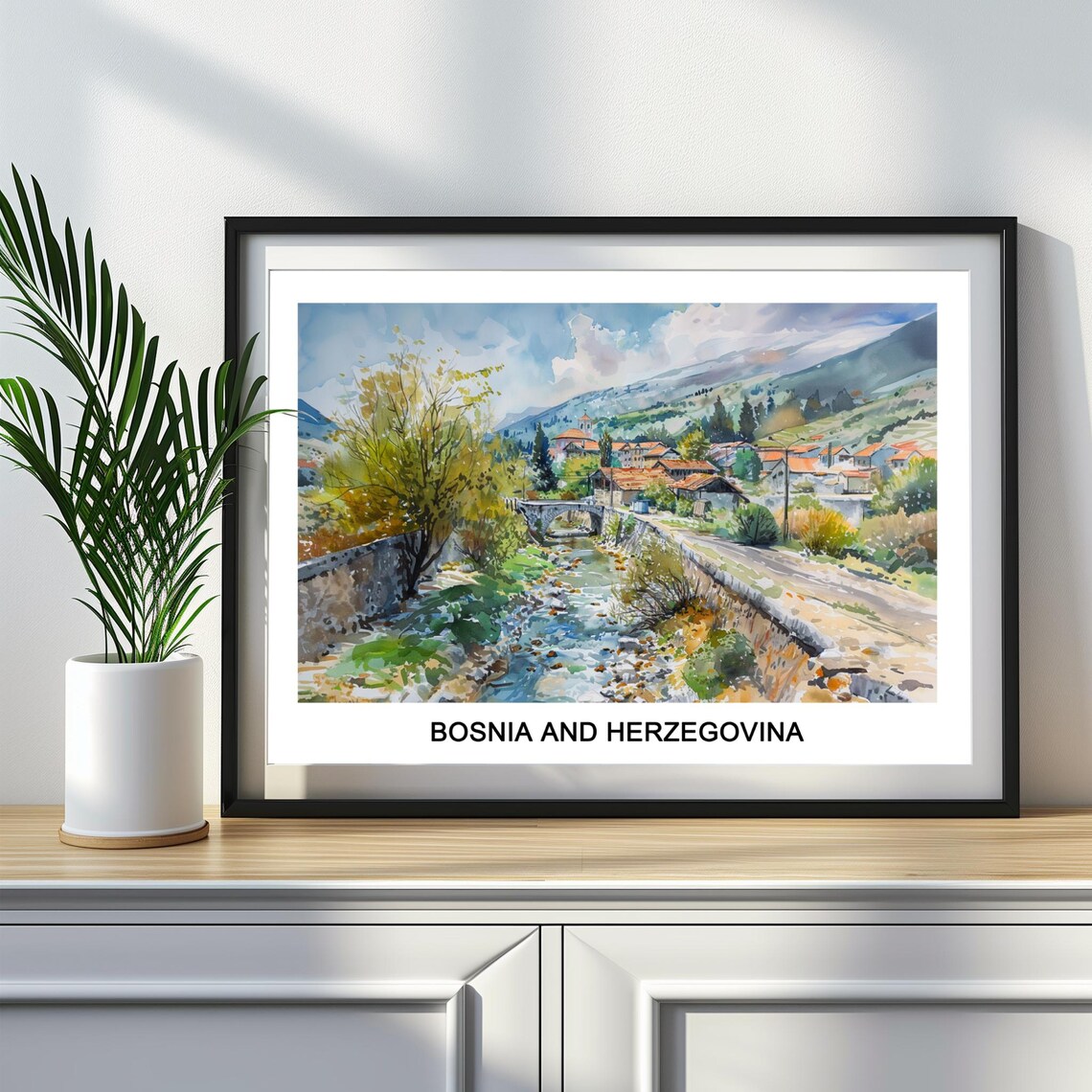 Bosnia and Herzegovina River Town Watercolor Travel Scene Poster