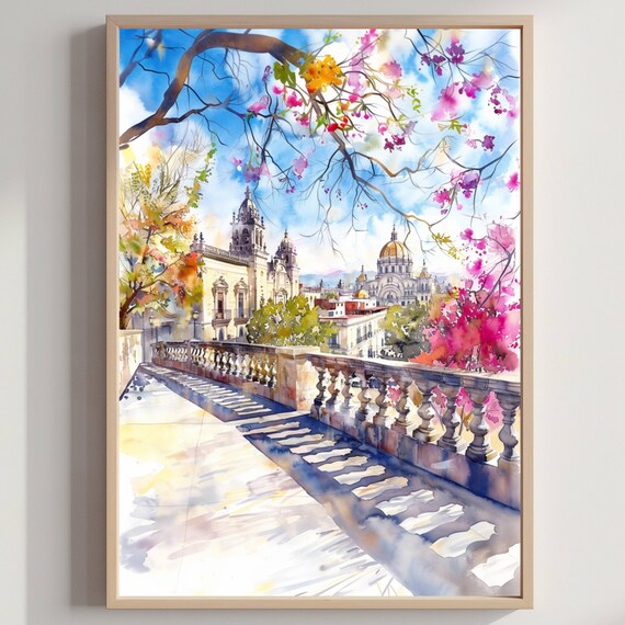 Guadalajara Mexico Cathedral Terrace Bougainvillea Sunny Watercolor Poster
