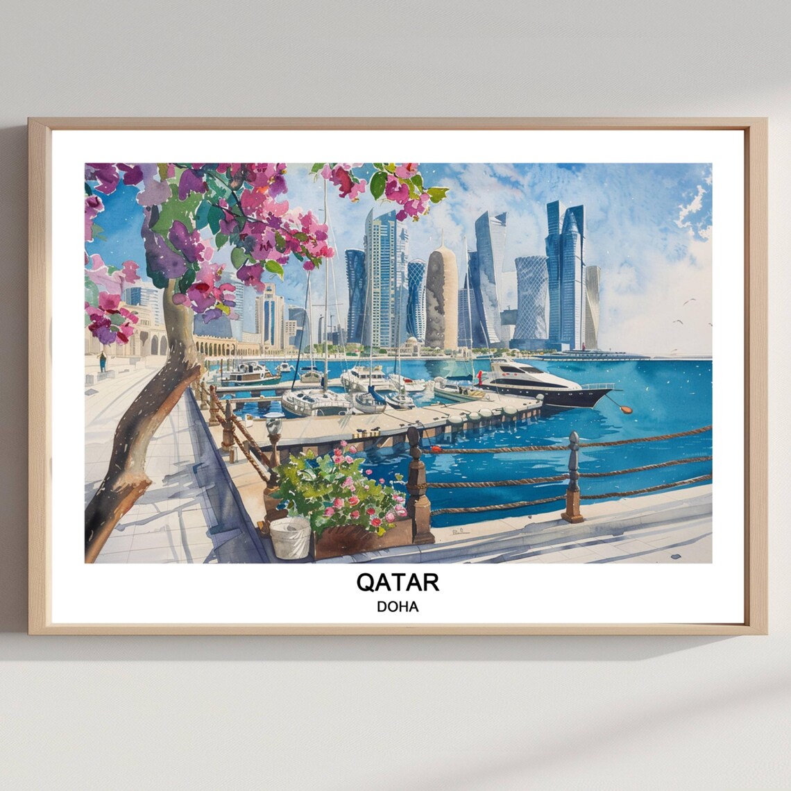 Sunlit Doha Qatar Marina Promenade Skyline Watercolor Poster