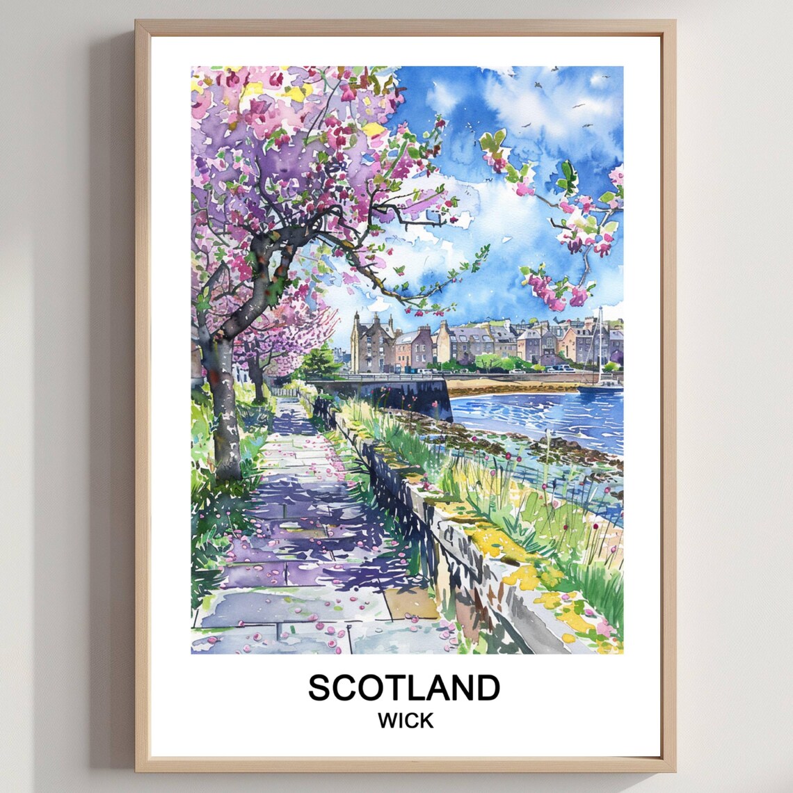 Wick Scotland Watercolor Harbor Path Travel Poster With Blossom Trees