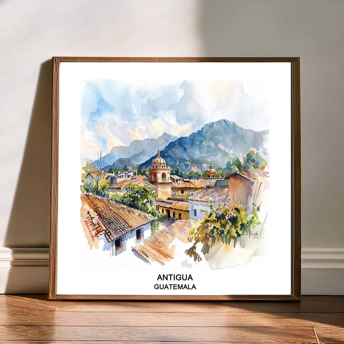 Antigua Guatemala Watercolor Colonial Rooftops Mountain Travel Poster