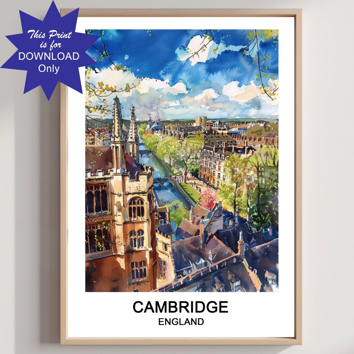 Cambridge England Watercolor Cityscape University Travel Art Poster