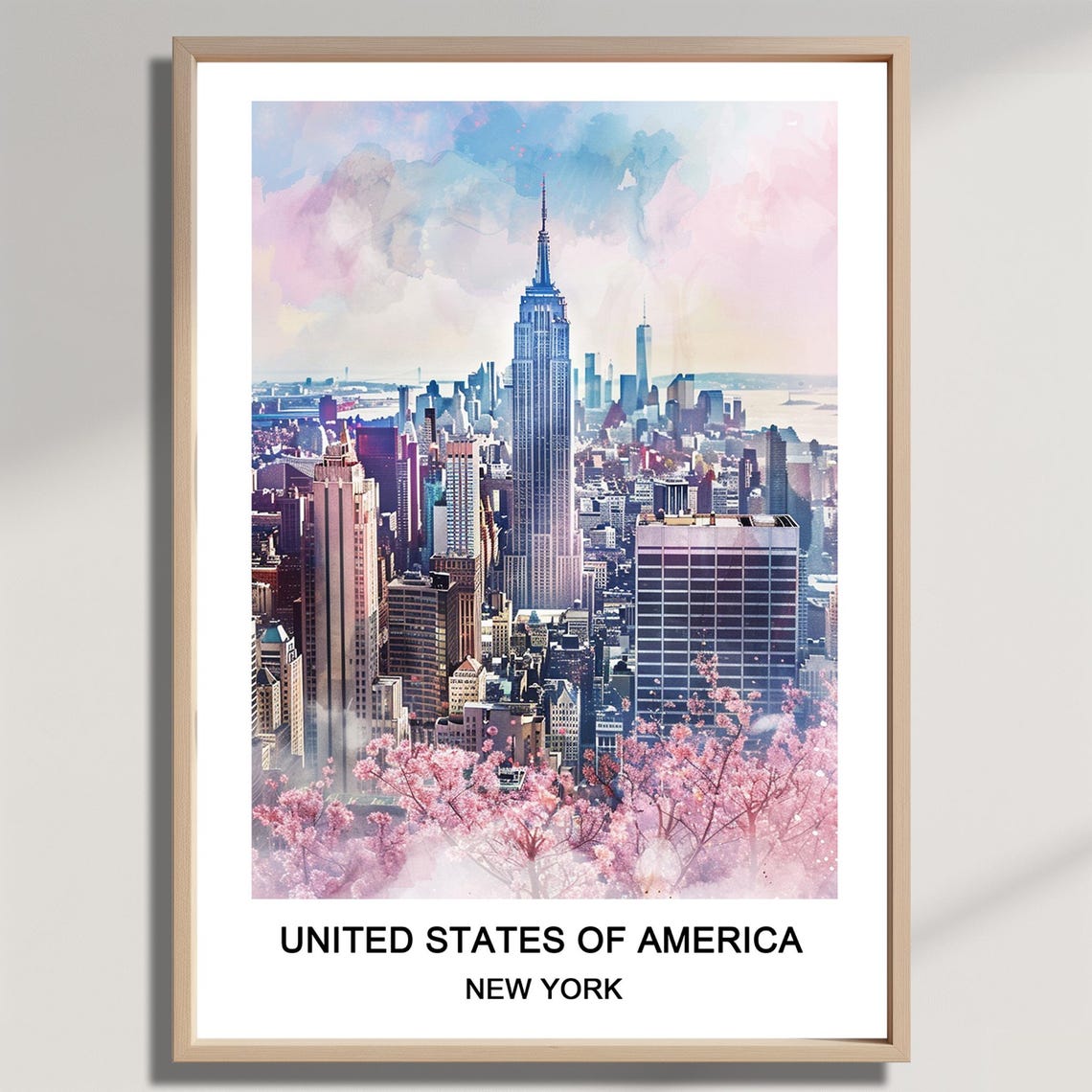 New York City Watercolor Poster With Empire State Building Skyline