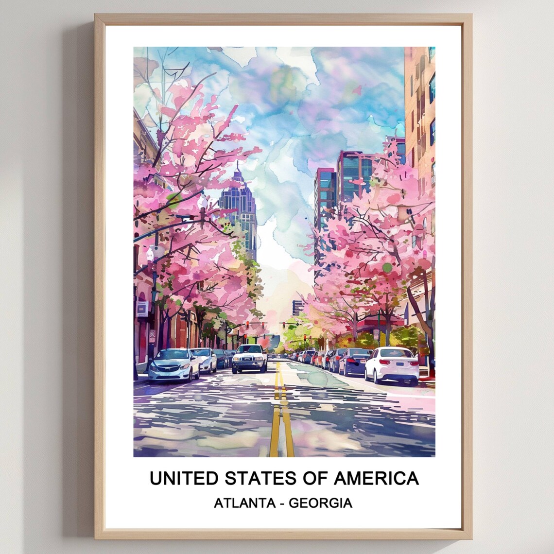 Atlanta Georgia Cherry Blossom Avenue Spring City Watercolor Poster
