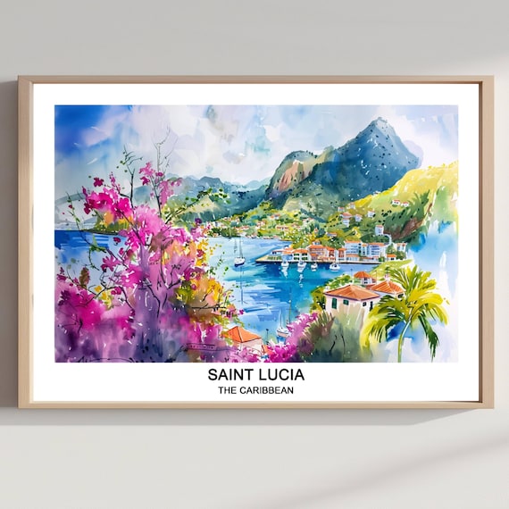 Saint Lucia Caribbean Watercolor Travel Poster Harbor Mountain Bay Scene