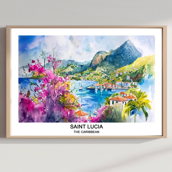 Saint Lucia Watercolor Travel Poster Caribbean Island Art