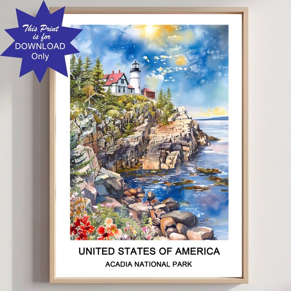 Acadia National Park Lighthouse Scenic Maine Coast Travel Poster