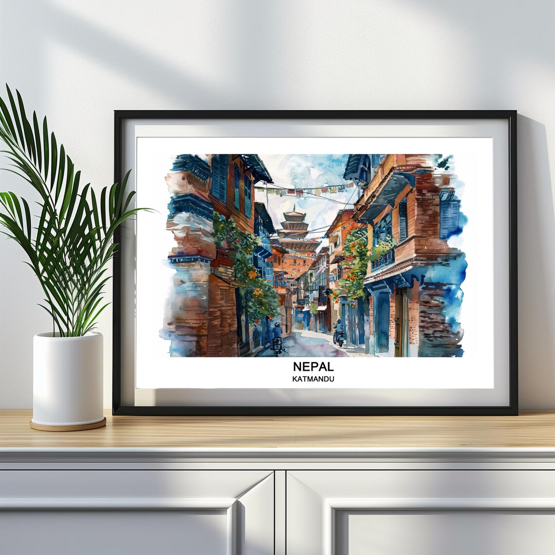 Katmandu Nepal Watercolor Poster Old Town Street Temple Travel Art