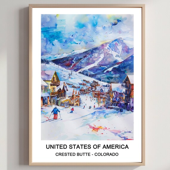 Crested Butte Colorado Ski Village Watercolor Scenic Travel Poster