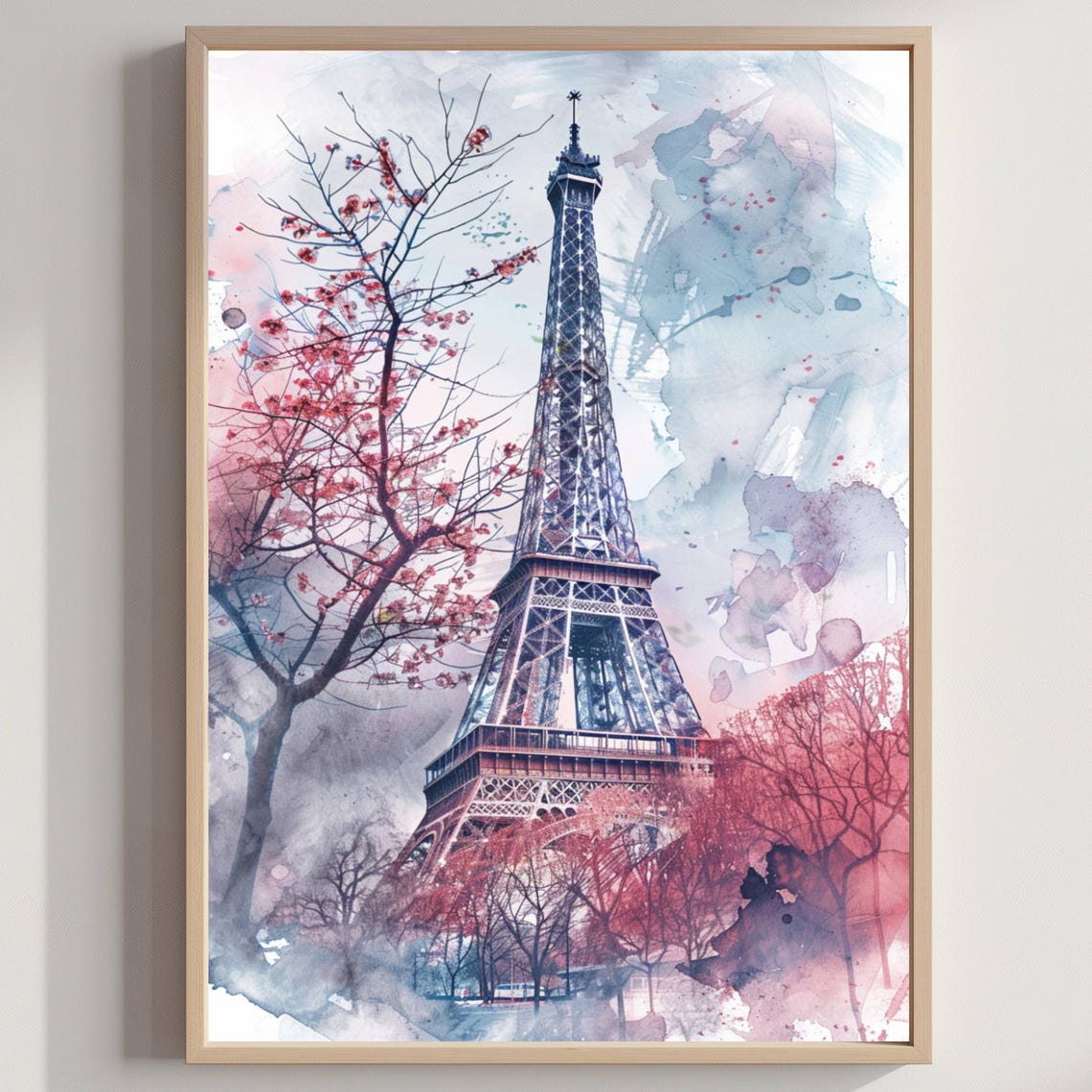 Eiffel Tower Paris Watercolor Pink Blossom Spring Travel Poster