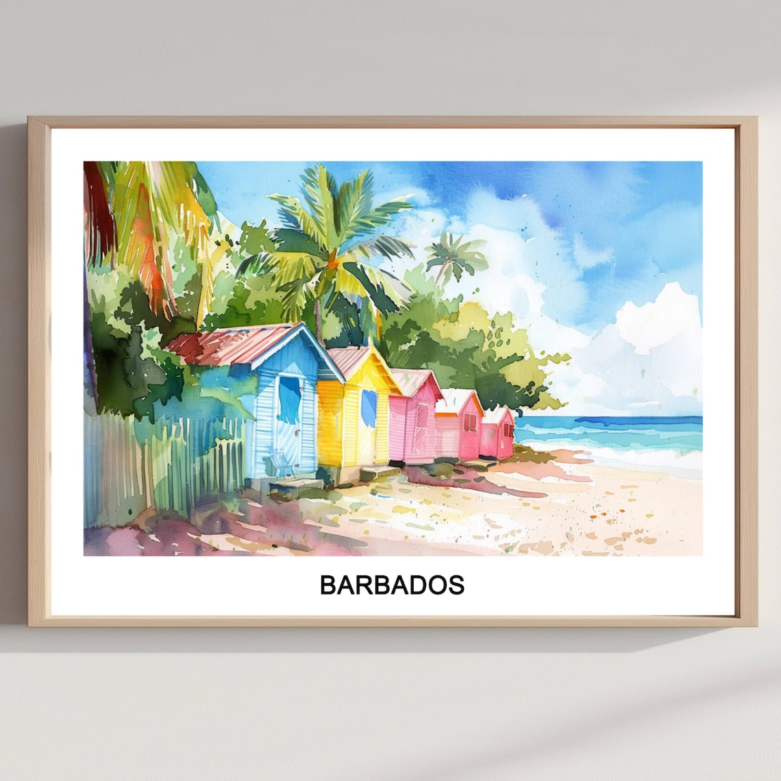 Breezy Barbados Beach Huts Palms Turquoise Sea Watercolor Poster