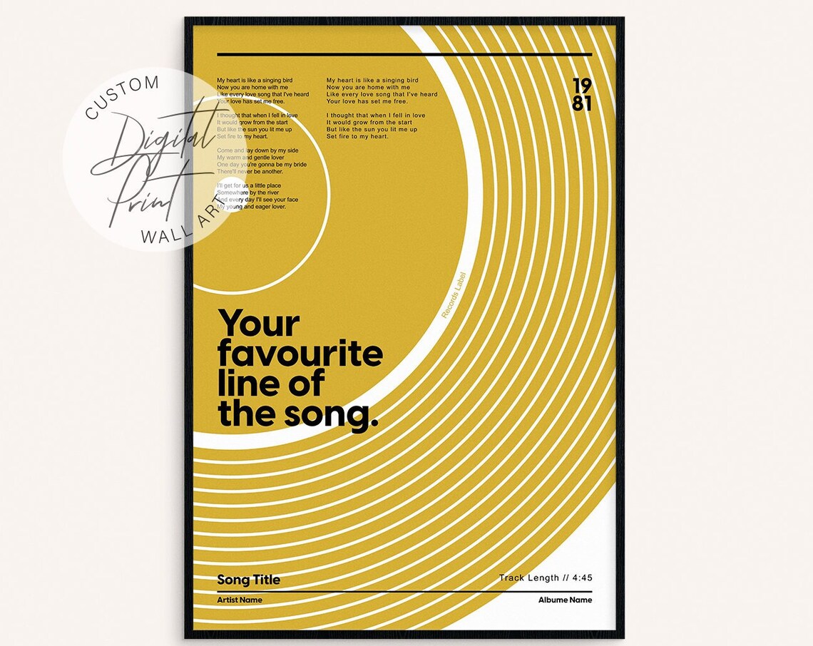 Vinyl Record Song Lyrics Art Print, Personalized Music Gift