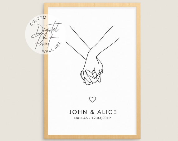 Custom Couple One Line Art With Names And Date Sweet Couple Gift Hands Sketch Minimal Continuous Lines Anniversary Gift