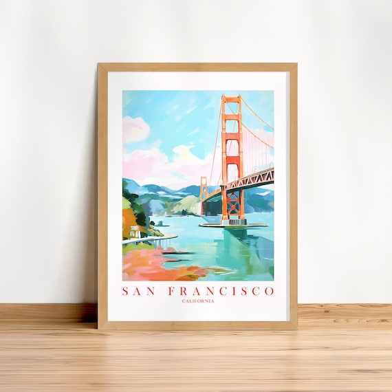 San Francisco Golden Gate Bridge Pink Teal Watercolor Travel Poster