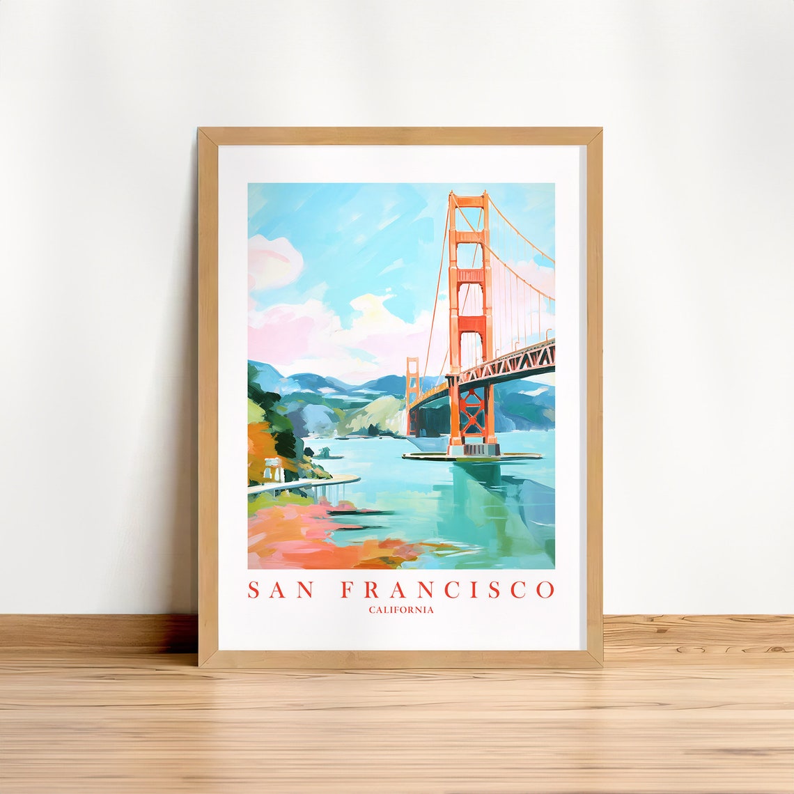 San Francisco Golden Gate Bridge Pink Teal Watercolor Travel Poster