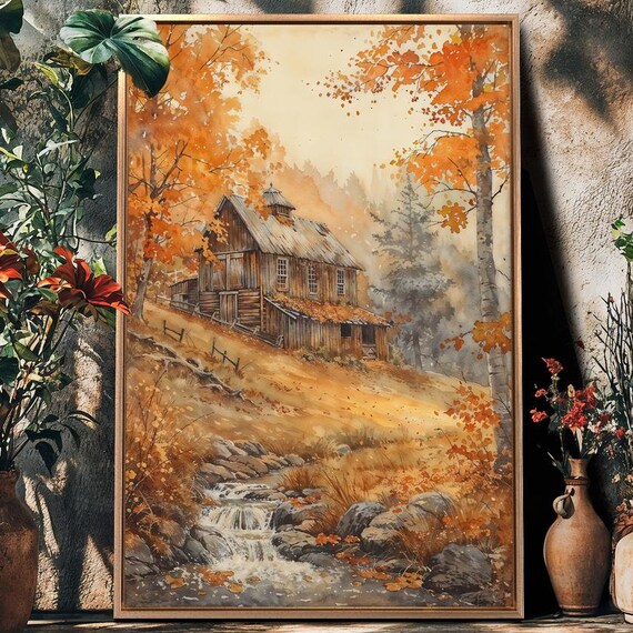 Golden Autumn Log Cabin by a Stream Watercolor Landscape Wall Art