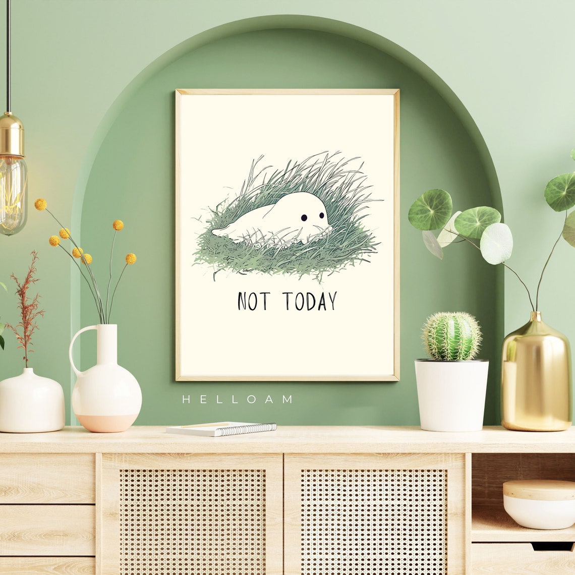 Cute Ghost Resting in Grass Not Today Funny Minimalist Ghost Wall Art - Image 2