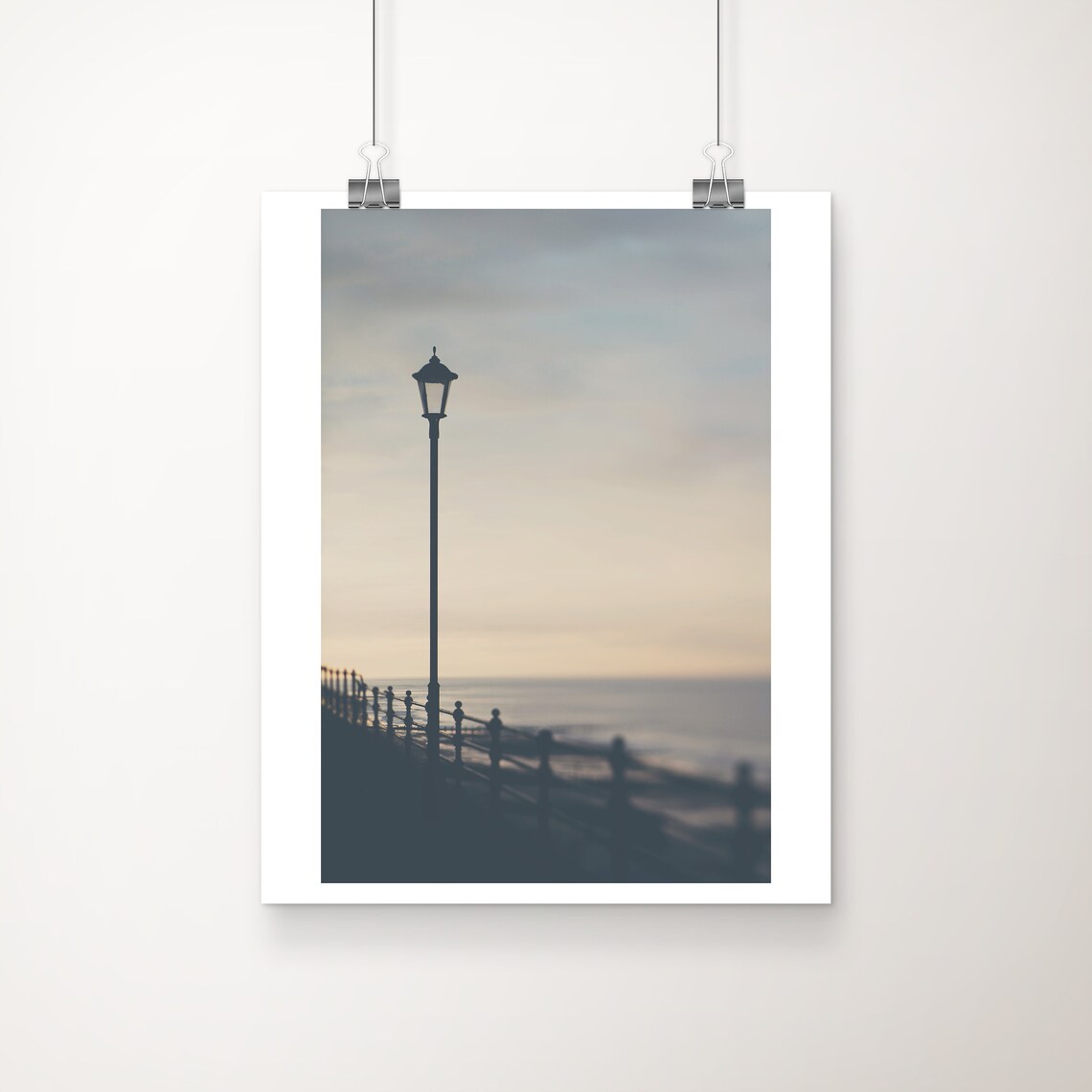 Street Lamp Silhouette At Dusk On Norfolk Beach Promenade Poster