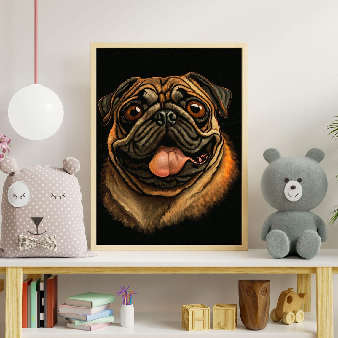 Goofy Happy Pug Tongue Out Black Background Dog Portrait Poster - Image 2