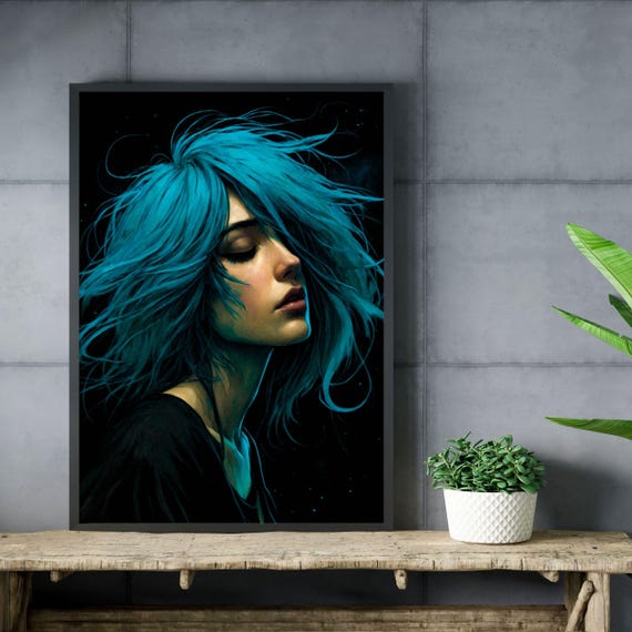 Blue Haired Beauty Portrait Art Print Alternative Modern Painting Emotional Female Home Decor Large Framed Fashion Statement