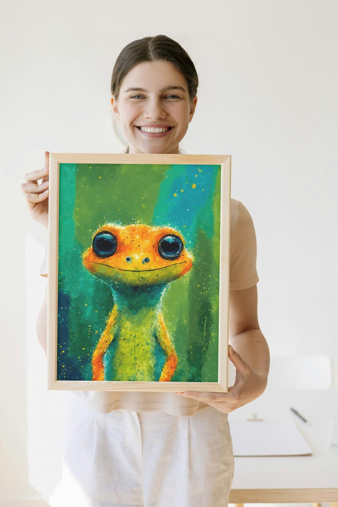 Cute Orange Gecko Big Eyes Portrait Colorful Reptile Kids Poster