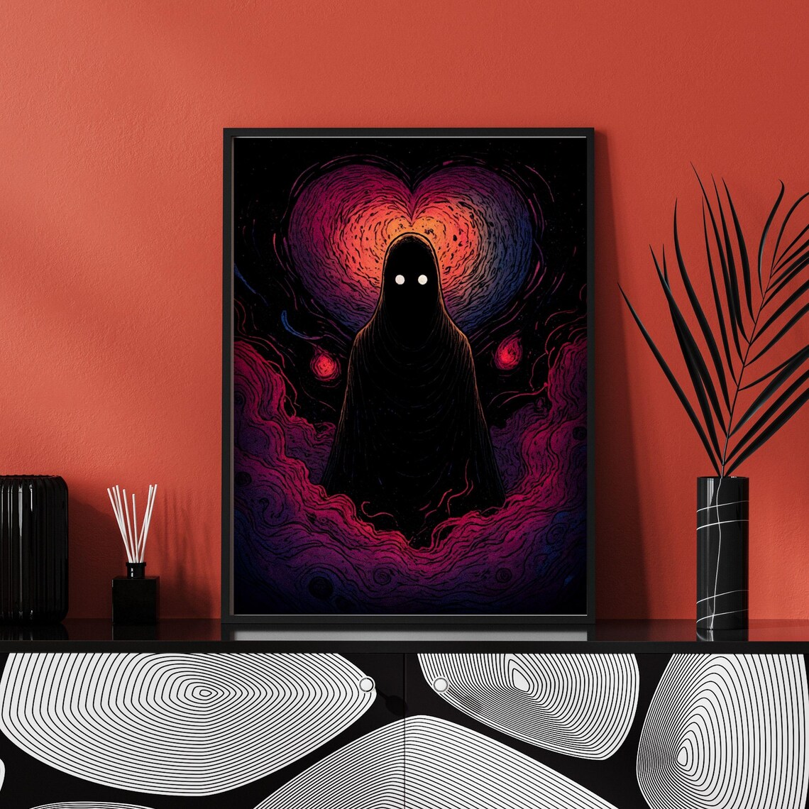 Dark Ethereal Heart Figure Hooded Silhouette Cosmic Love Art Wall Print - Image 3