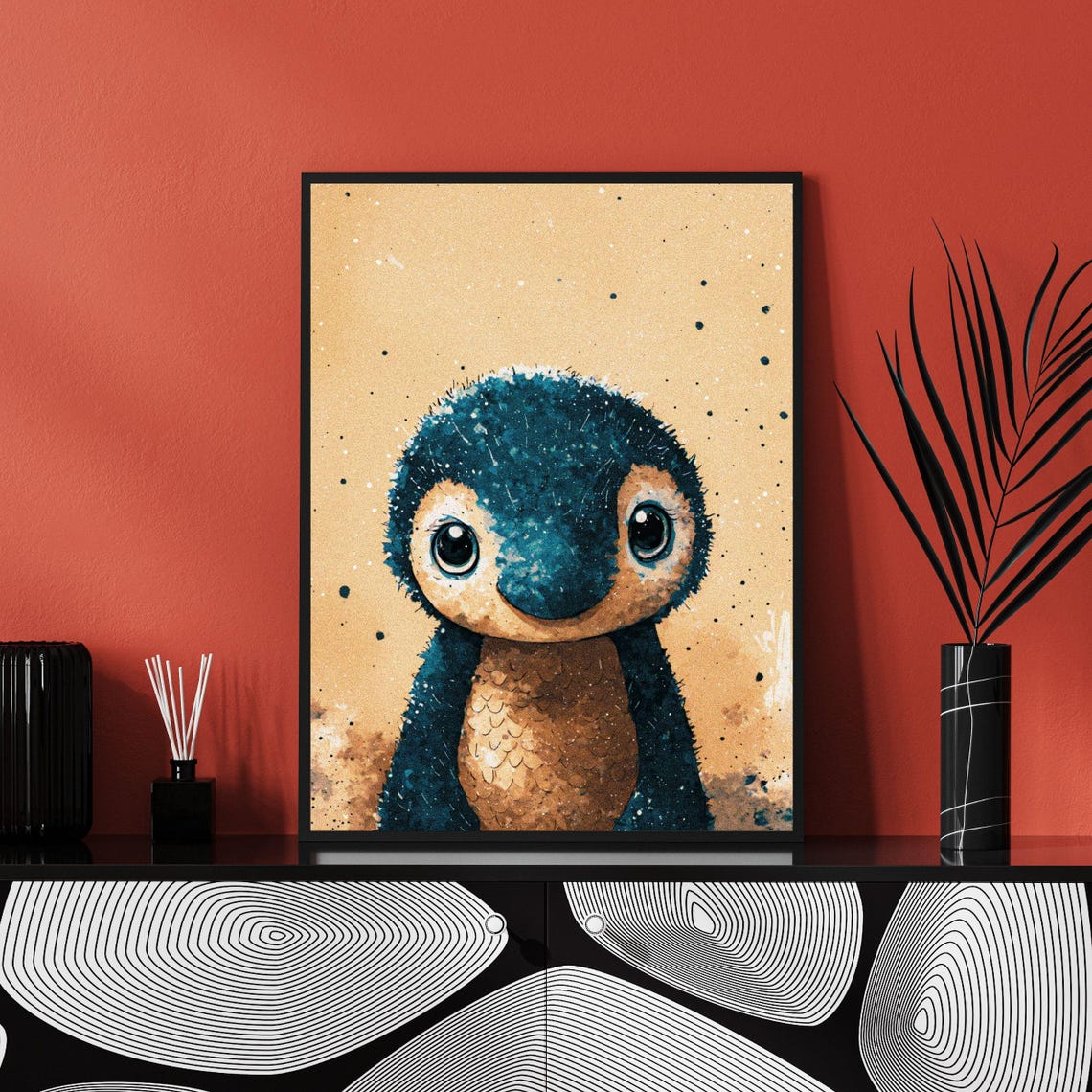 Adorable Baby Penguin Big Eyes Tan Splatter Nursery Animal Wall Art - Image 2