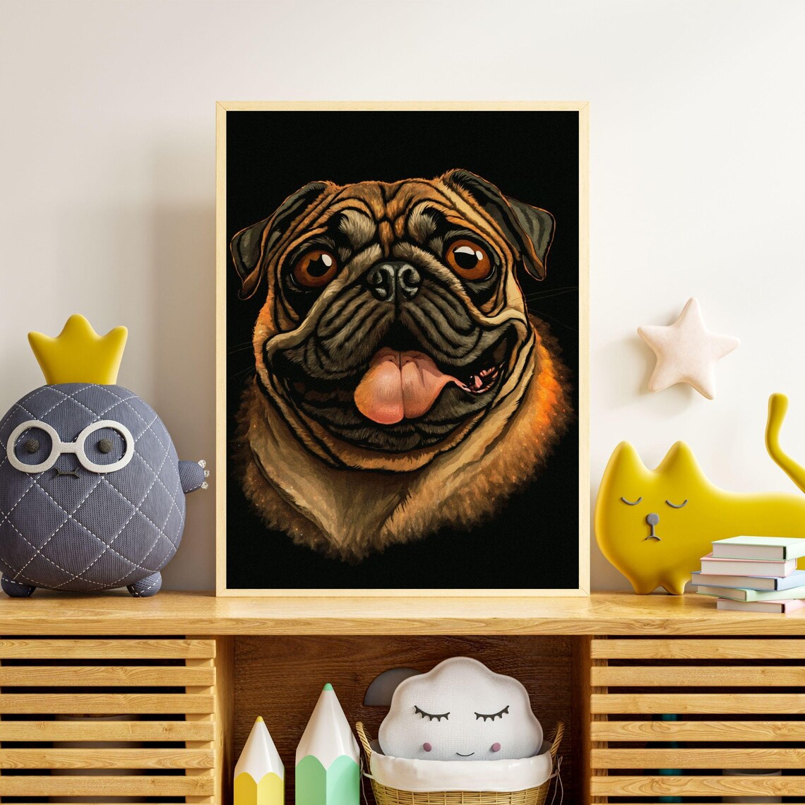 Goofy Happy Pug Tongue Out Black Background Dog Portrait Poster - Image 3